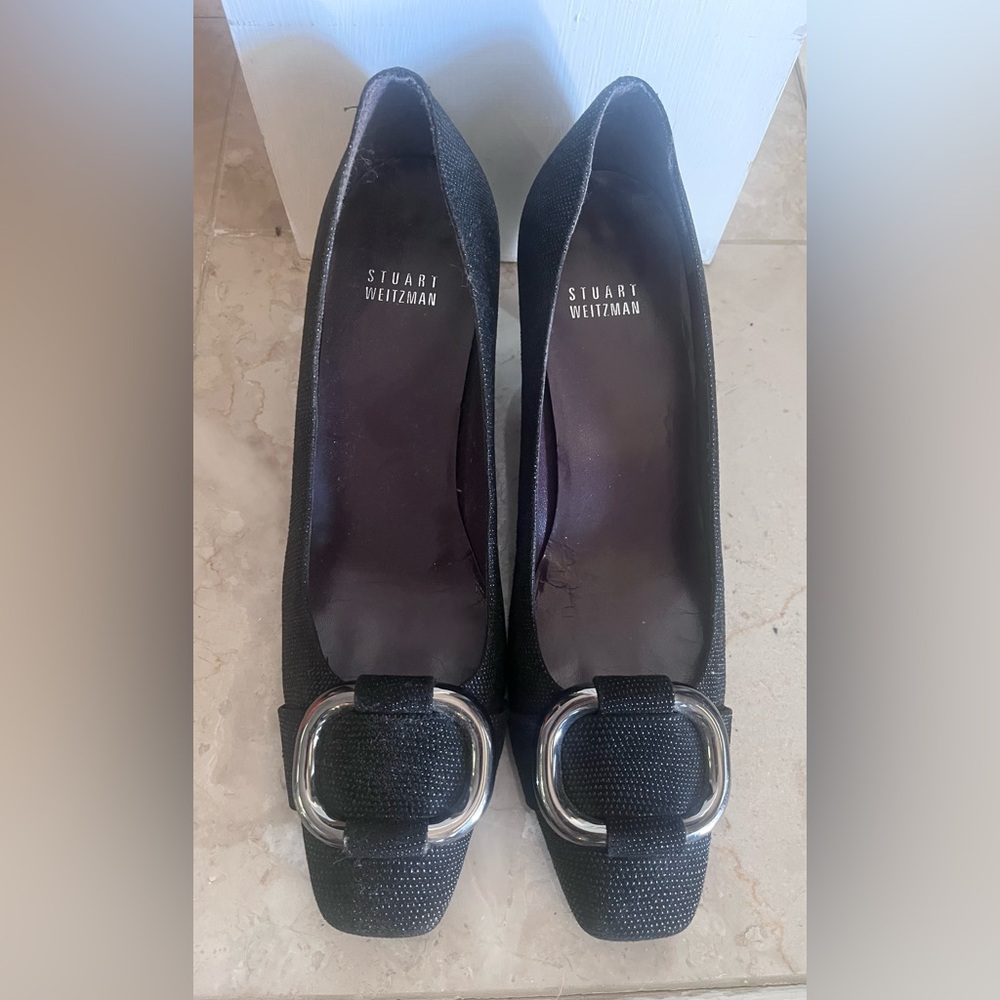 Stuart Weitzman Black Heels with Silver Buckle